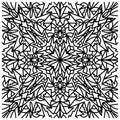 Black and white illustration of a mandala made of geometric elements on a white background.